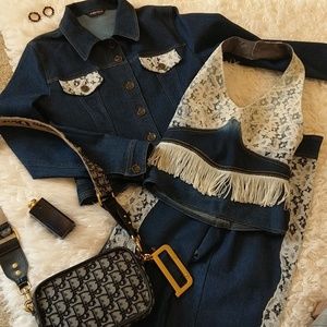 3 piece denim lace applique set